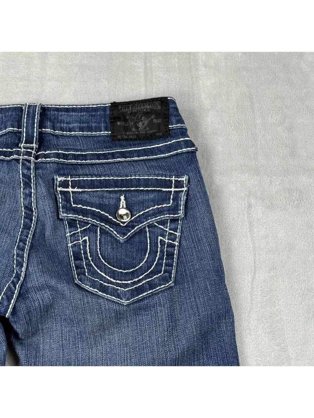 True Religion Blue Denim Jeans Women 28x31 USA Made Striaght Leg Y2K Rainstone - Picture 10 of 12